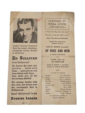 John Steinbeck Of Mice & Men Claire Luce Guy Robertson 1939 Playbill Ed Sullivan